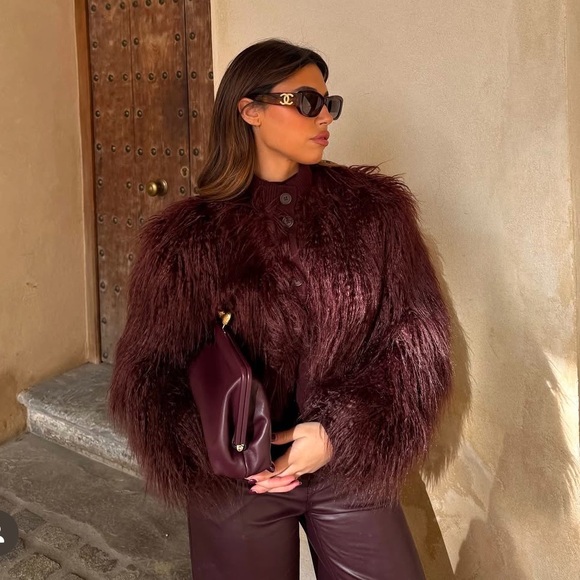 ZARA FAUX FUR KNIT JACKET BROWN 3581/106 SHAGGY TEDDY CARDIGAN